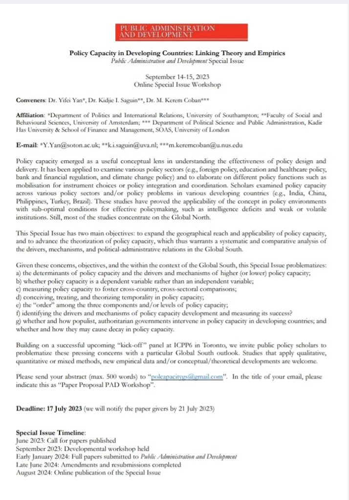 Descarga de la convocatoria: https://onlinelibrary.wiley.com/pb-assets/assets/1099162X/CfP_PAD_SI-on-policy-capacity-in-developing-countries-20230529-1685635489480.pdf